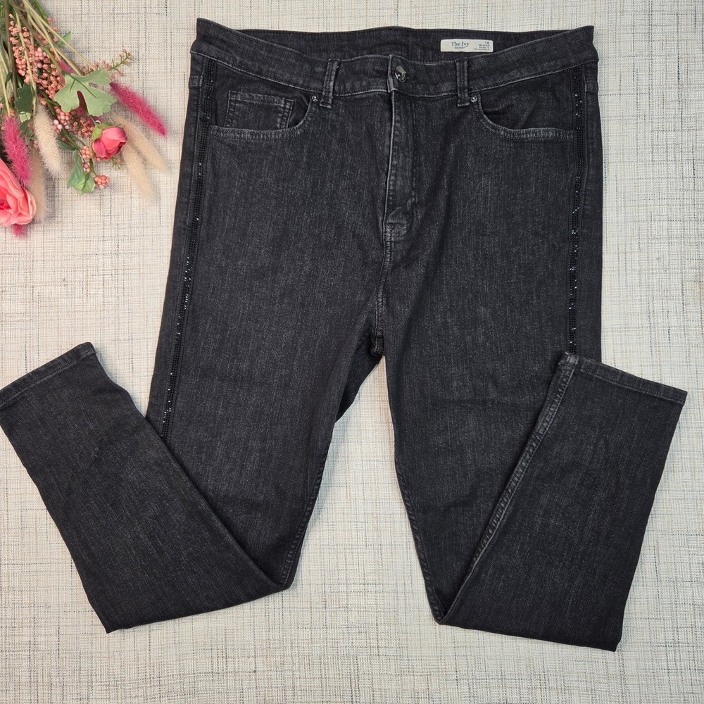 Marks and Spencer The Ivy Skinny Jeans Black Rhinestone Stripe Womens 14 Regular